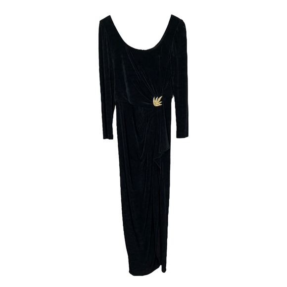 Vintage Dresses & Skirts - Vintage Jeffrey & Dara Evenings Black Gown 12 Jersey Stretch Draped Gold Brooch